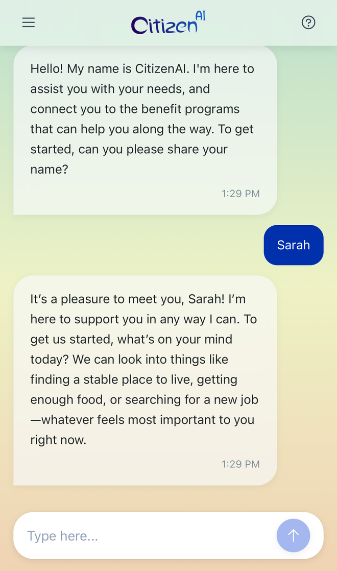 CitizenAI chat welcoming a client and asking how it can help